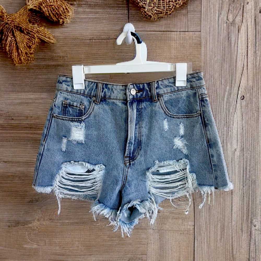 Grey Lab high rise distressed jean shorts